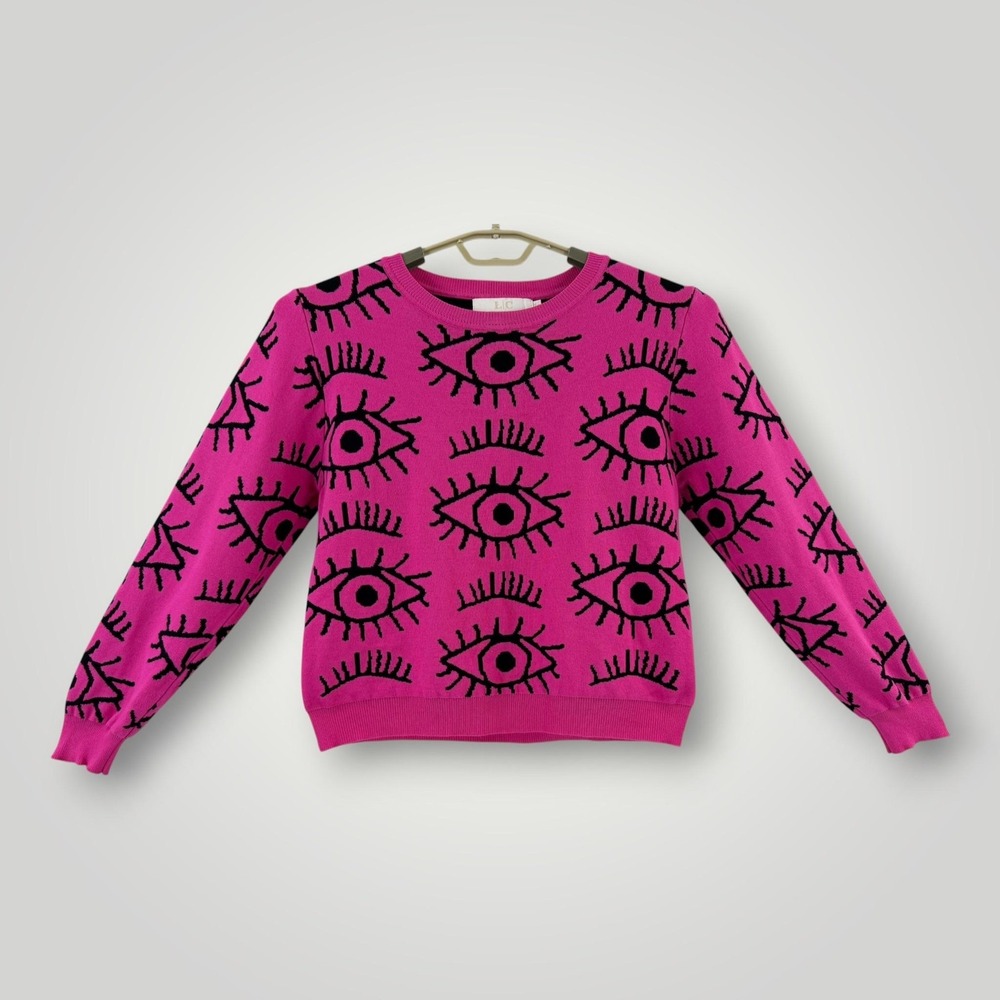 Lizette Collection Sweater Womens L Pink Eye Graphic Knit Y2K Pullover